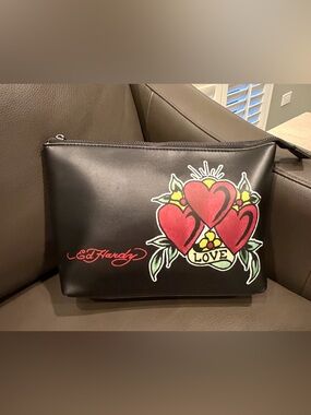 Ed Hardy Black Cosmetic Pouch with Red Heart Tattoo Motif